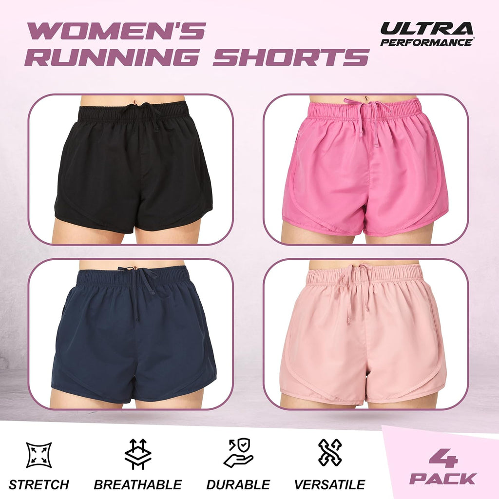 Women'S Running Shorts 4-Pack Athletic Workout Gym Shorts for Women, with Brief Liner