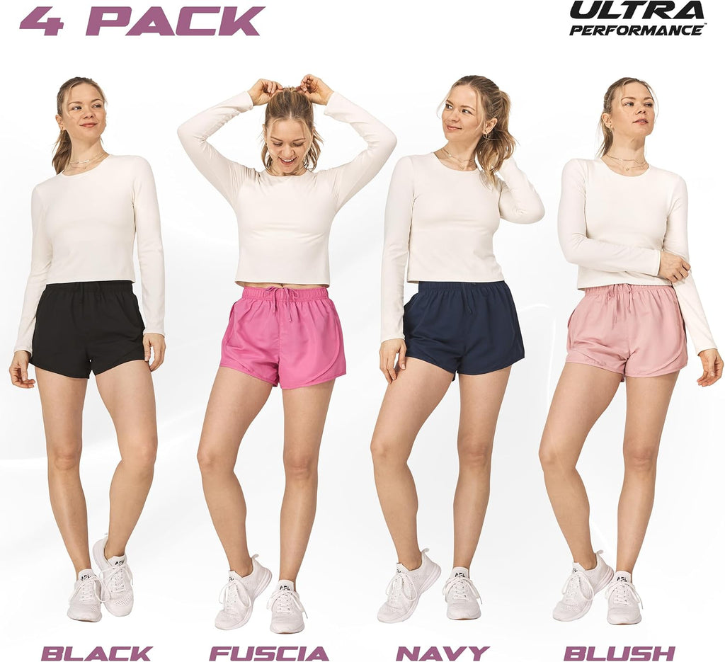 Women'S Running Shorts 4-Pack Athletic Workout Gym Shorts for Women, with Brief Liner