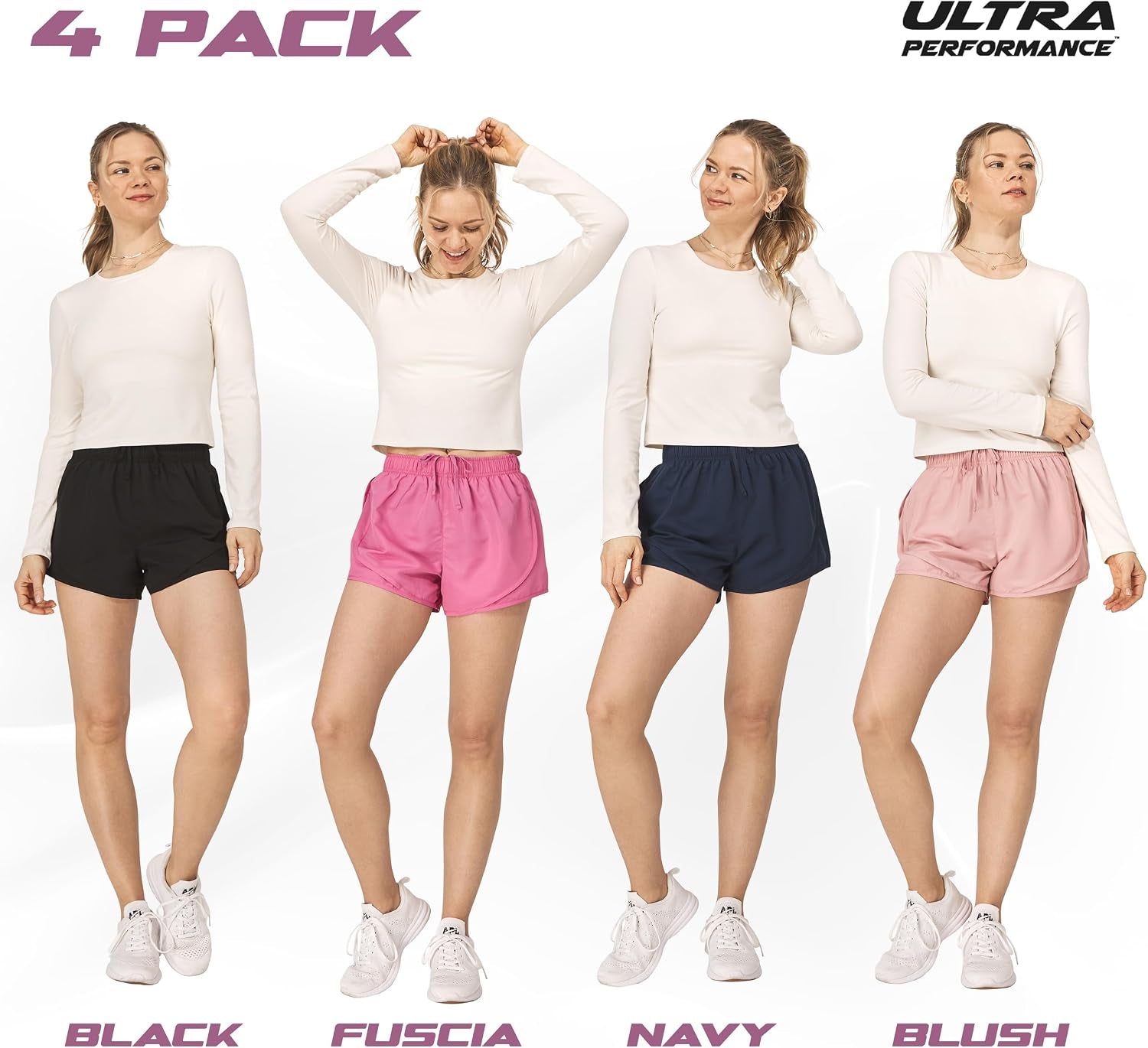 Women'S Running Shorts 4-Pack Athletic Workout Gym Shorts for Women, with Brief Liner